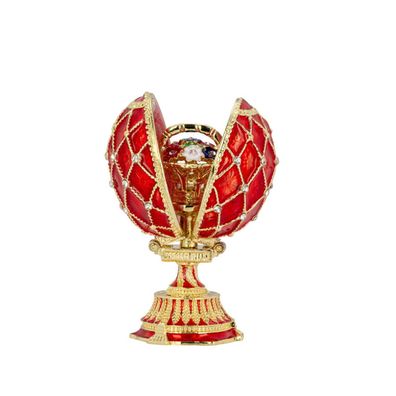 Emaille Schmuckei 7 x Ø 3,5 cm rot aufklappbare Eidose mit Blumen-Bouquet innen