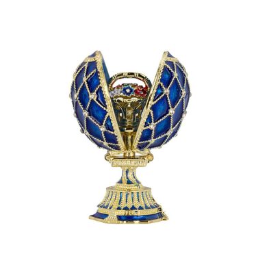 Emaille Schmuckei 7 x Ø 3,5 cm blau aufklappbare Eidose mit Blumen-Bouquet innen