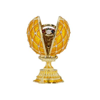 Emaille Schmuckei 7 x Ø 3,5 cm gelb aufklappbare Eidose mit Blumen-Bouquet innen