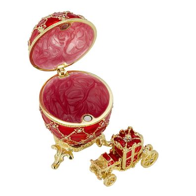 Emaille Eidose 7 x Ø 4,8 cm rot aufklappbares Schmuckei mit Mini Kutsche innen