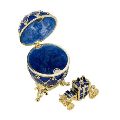 Emaille Eidose 7 x Ø 4,8 cm blau aufklappbares Schmuckei mit Mini Kutsche innen