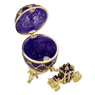 Emaille Eidose 7 x Ø 4,8 cm lila aufklappbares Schmuckei mit Mini Kutsche innen