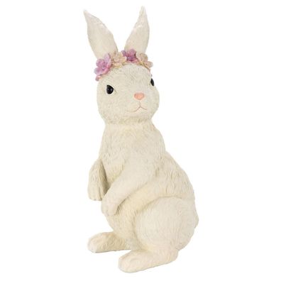 Osterhasen Figur 39 cm beige stehend Kunststein Bunny Deko Häschen & Blumenkranz