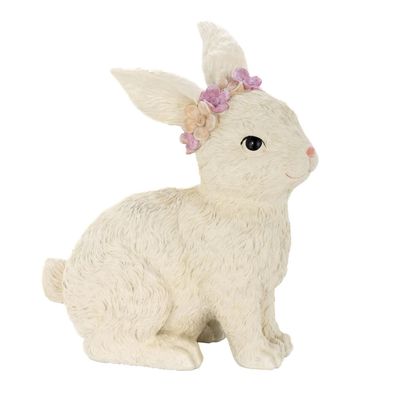 Osterhasen Figur 30 cm beige sitzend Kunststein Bunny Deko Häschen & Blumenkranz