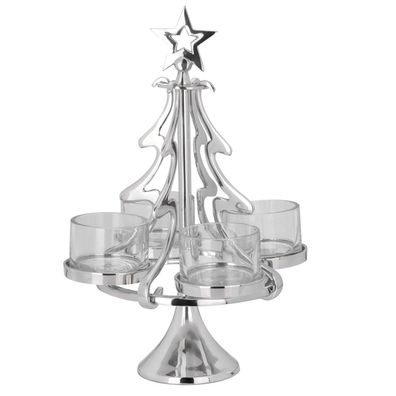 Teelicht- Stumpenkerzenhalter 37 cm mit Gläser Aluminium Tannenbaum für 4 Kerzen