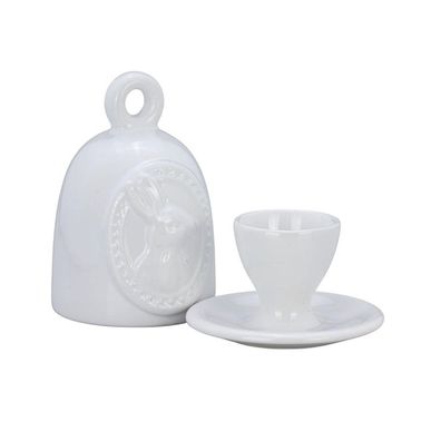 Porzellan Eierbecher & Haube 13cm weiß Hasenmotiv Frühstücks-Eierhalter & Deckel