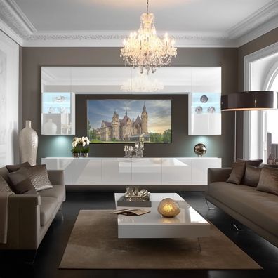 Wohnwand 1 mit LED Beleuchtung, Ohne Griffe. Breite 300 cm, Frontfarbe wählbar