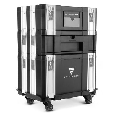 Stahlwerk Mobiles Toolbox Set mit 3 Werkzeugkoffern Rollbrett und Lenkrollen