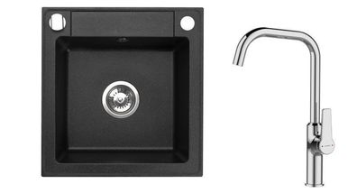 Granitspüle mit Armatur Chrom Hoch Küchenspüle schwarz 44x46 Einbauspüle Zubehör
