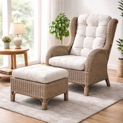 Luxus Relaxsessel Ohrensessel Fußhocker Rattansessel Korbsessel inkl. Polster