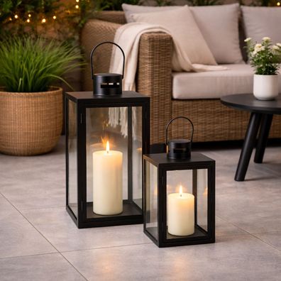 2er Laternen Set Schwarz Gartenlaterne Windlicht Metall Schwarz ca. H30/41cm