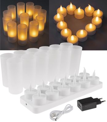 LED Teelichter, 12er Set, mit Windschutz wiederaufladbar auf Ladestation