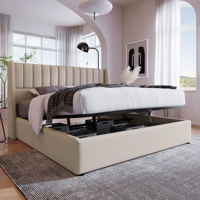 Polsterbett 180/200 cm in Beige Leinen