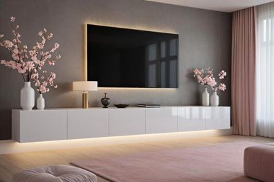 Lowboard PARIS 300 cm Weiß Hochglanz- Matt - Soft Close TV-Schrank- LED optional