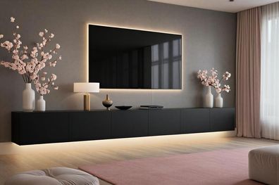 Lowboard PARIS 300 cm MDF Schwarz Matt - Soft Close TV-Schrank- TV Board - LED