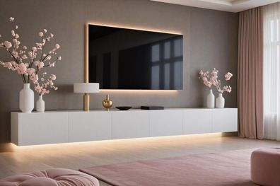 Lowboard PARIS 300 cm Weiß Matt - TV-Schrank Soft Close - LED optional