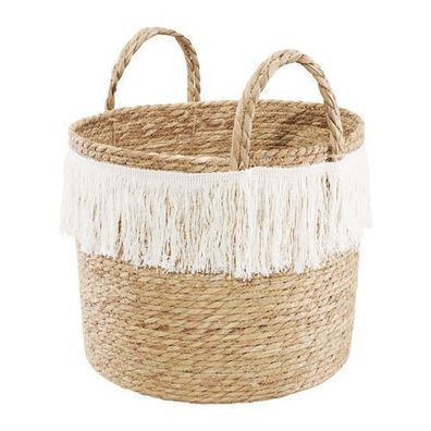 Flechtkorb mit Griffen und Fransen Boho 26 x 23 cm weiß Ambition