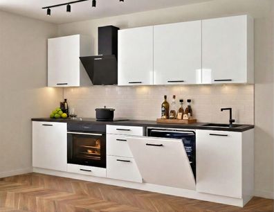 Küchenzeile Axis 280cm DW Weiß Hochglanz, Matt- Küche 2,8m