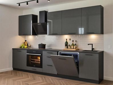 Einbauküche Axis 280cm DW Grau Hochglanz, Schwarz Matt 2,8m