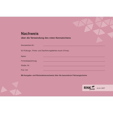 RNK Verlag 3117 Nachweisheft für rote Kennzeichen 16 Seiten A5 quer