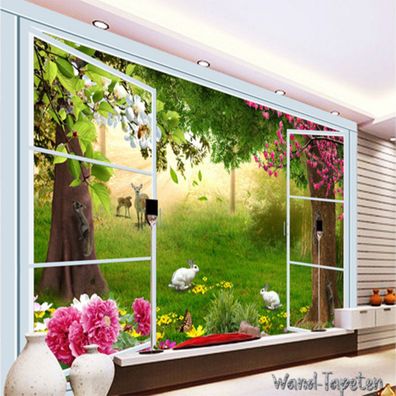 Vlies Fototapete Wandtapete Wandbilder 3D Fenster Wald Natur Tiere 2222