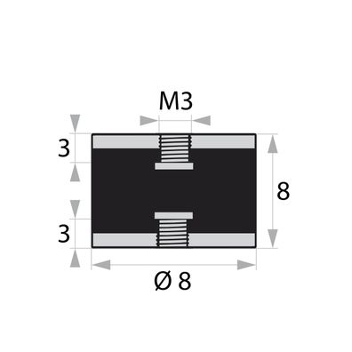 GP3-08-08-IG/IG-M3x3 Gummi-Metall-Puffer Gummipuffer Schwingungsdämpfer Silentblock