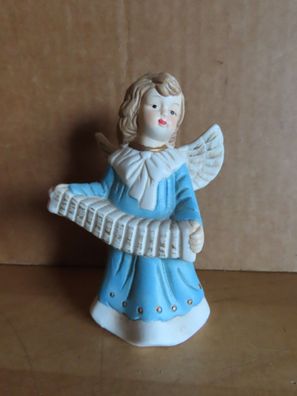Figur Engel mit Akkordeon blaues Kleid ca. 9,5 cm H Keramik Handgemalt