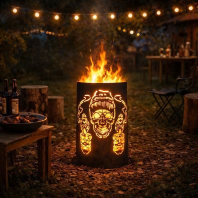 Tiko-Metalldesign Feuertonne / Feuerkorb mit Motiv " Skull with Guns "