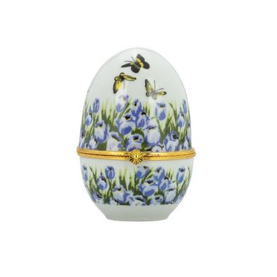 Mini Deko-Dose 6 x 8 cm Porzellan Tulpendekor blau Deckeldose klappbar Ei-Form