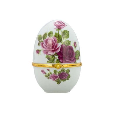 Mini Deko-Dose 6x8 cm Porzellan Rosendekor rosa klappbare Deckeldose in Ei-Form