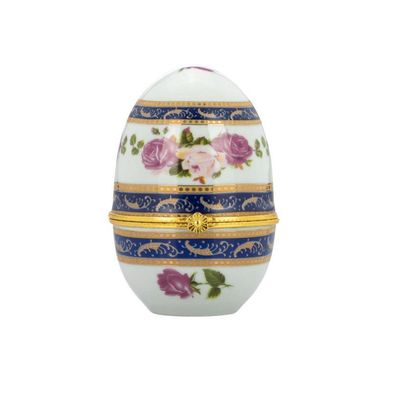 Ei-Dose 6x8 cm Rosendekor Porzellan Goldrand Mini Schmuckdose klappbarer Deckel