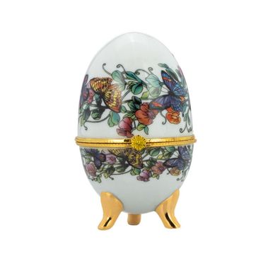 Porzellan Mini Dose 6x10 cm Ei-Form auf Füßen Schmetterlinge Deckeldose klappbar