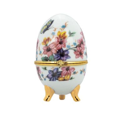Porzellan Mini Dose 6 x 10 cm in Ei-Form auf 3 Füßen Lilien Deckeldose klappbar