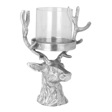 Windlicht Hirschkopf 28 cm Stumpenkerzenhalter mit Glas Kerzenständer Aluminium