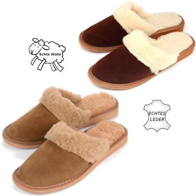 Hausschuhe Damen Warme Schlappen Lammfell Pantoletten Gefüttert Latschen Leder Wolle