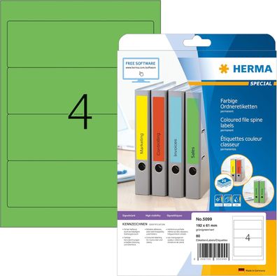 HERMA 5099 Ordnerrücken Etiketten kurz breit, 20 Blatt, 192 x 61 mm, 4 pro A4 Bogen,