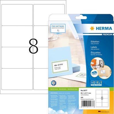 HERMA 5077 Versandetiketten, 25 Blatt, 99,1 x 67,7 mm, 8 pro A4 Bogen, 200 Stück, sel