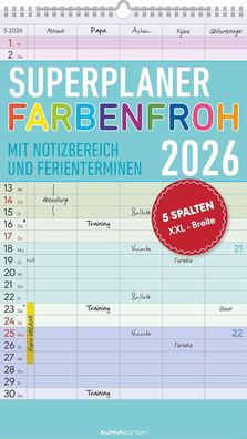 AlphaEdition 160284 Familienplaner Farbenfroh 2026 - 5 Spalten, 26 x 45 cm