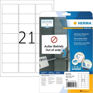 HERMA 5074 Universal Etiketten ablösbar, 25 Blatt, 63,5 x 38,1 mm, 21 pro A4 Bogen, 5