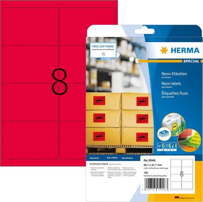 HERMA 5046 Farbige Etiketten neon rot, 20 Blatt, 99,1 x 67,7 mm, 8 pro A4 Bogen, 160