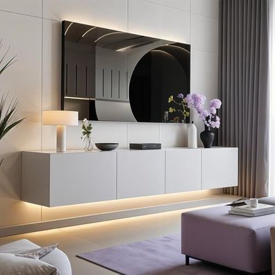 Lowboard PARIS 200 cm Weiß Matt - TV-Schrank Soft Close - LED optional