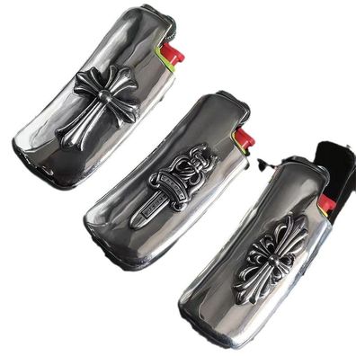 Feuerzeug im Punk-Stil aus silberner Legierung mit Kreuz-, Militär- und Blumenmotiv u