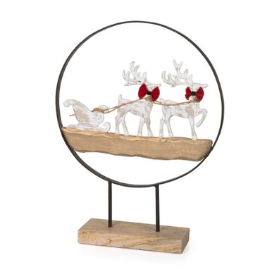 Weihnachtsdeko Rentier mit Schlitten im Metallring auf Mangoholzsockel 53,5 cm