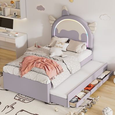 Kinderbett 90/200 cm in PU Violett mit Einhornform