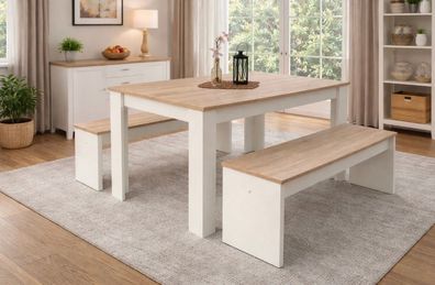 Esstischgruppe: Tisch + 2x Bänke 110x70 cm. Sonoma / Weiß Made in Germany