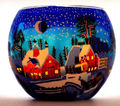 Leuchtglas Winterzeit Teelicht Windlicht Schnee Landschaft Dorf Teelichthalter