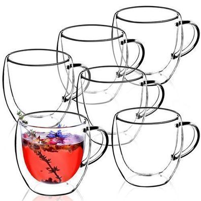 KADAX doppelwandige Glas Tasse, Glas mit Griff, 250 ml, Trinkglas für Tee, 6