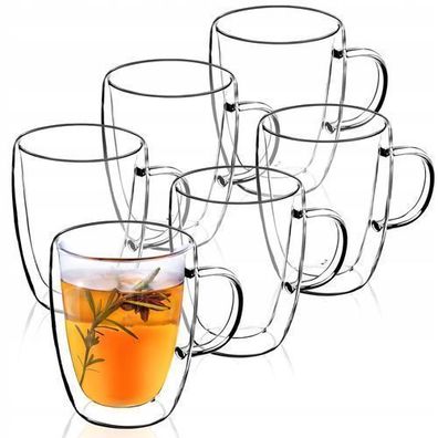 KADAX doppelwandige Glas Tasse, Glas mit Griff, 270ml, Trinkglas für Tee, 6