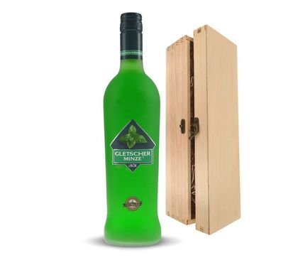 Geschenk Gletscherminze Minz Likör in einer Holzbox mit Verschluss