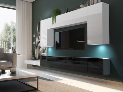 Wohnwand 2W/B mit LED Beleuchtung, Ohne Griffe. Breite 300 cm, Front Farbe wählbar